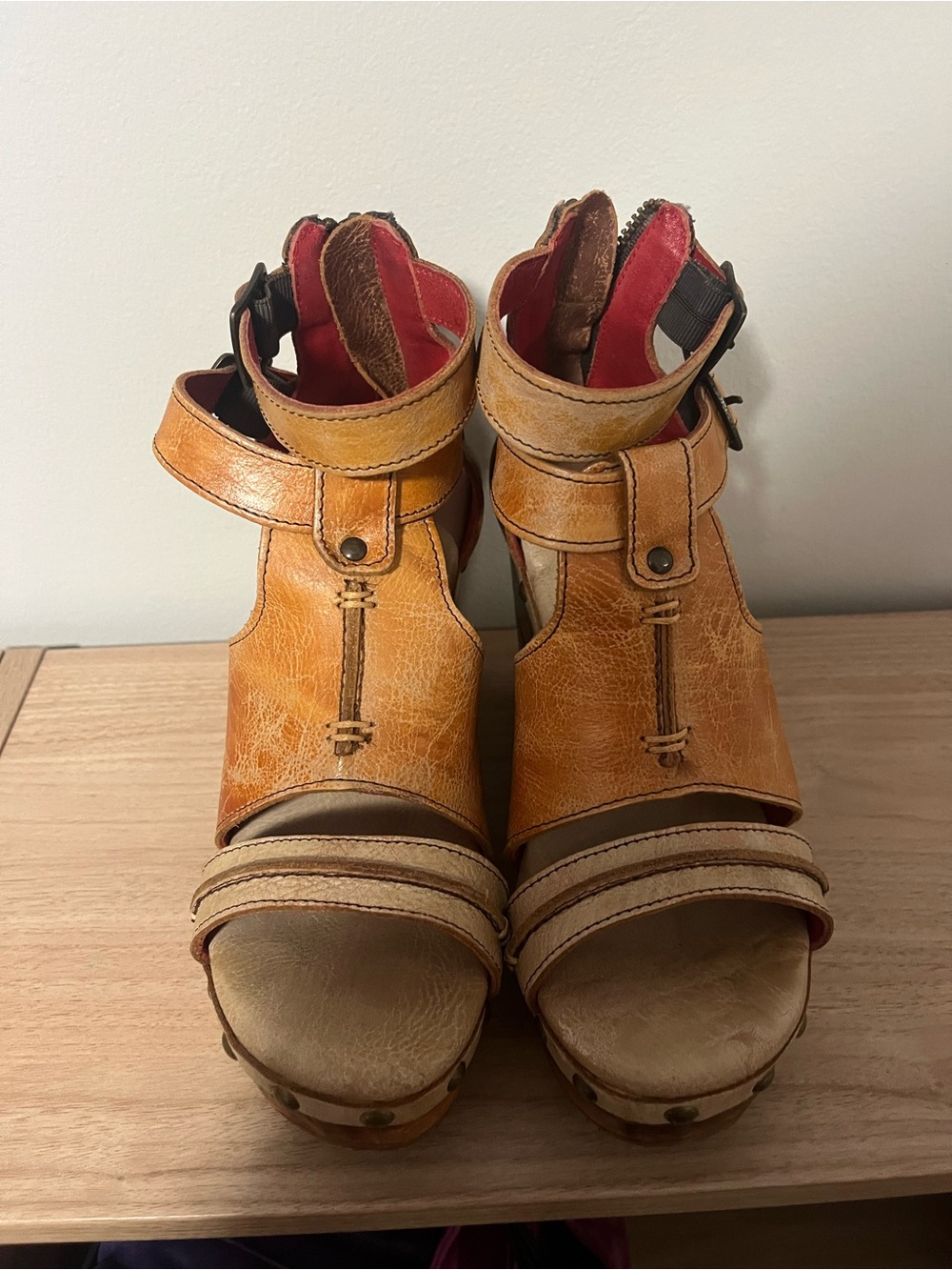 BED|STU Cognac Leather Platform Sandals with Red Lining